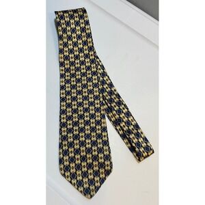 Geoffrey Beene Mens‎ Silk Tie Navy Blue Gold Geometric Pattern Necktie Classic